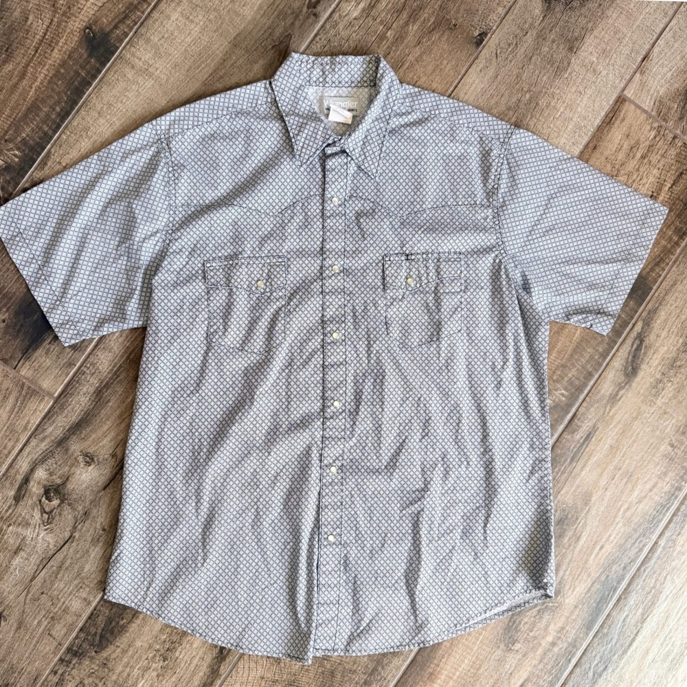 Wrangler Wrancher Western Geo Pearl Snap Short Sleeve Shirt, Black White,XL